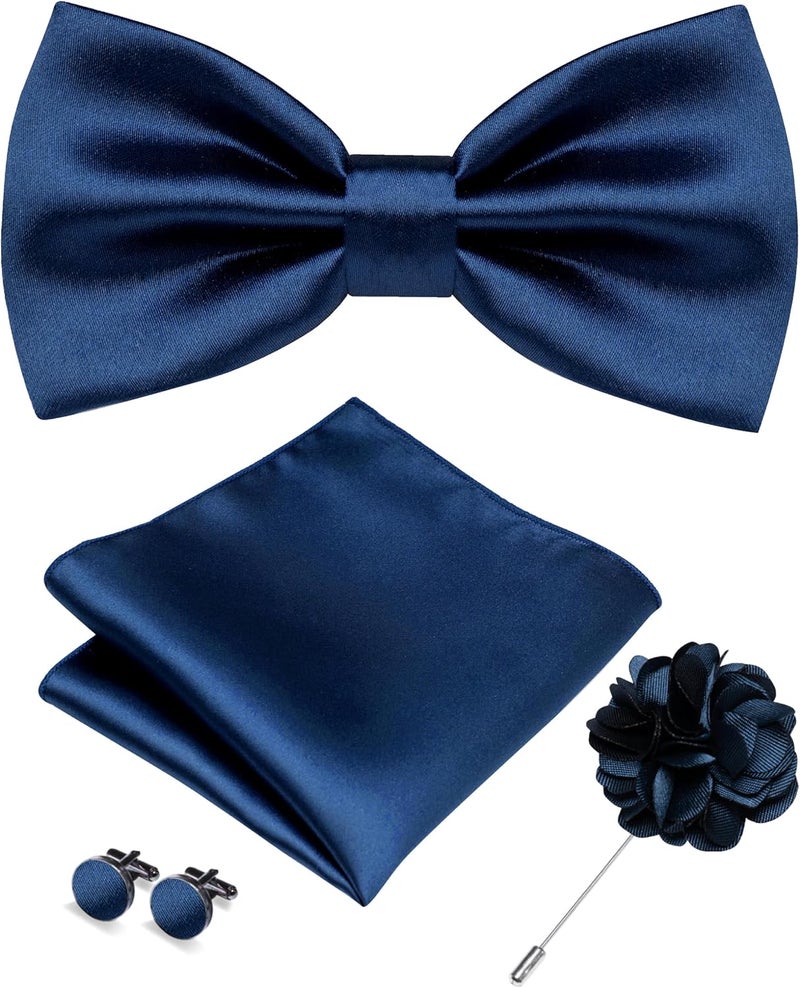 RBOCOTT Solid Color Bow Tie and Pocket Square with Lapel Pin Cufflinks Set 4PCS - Image 1
